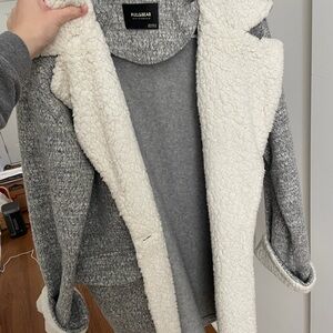 Pull&Bear Women's Cozy Gray and Cream Teddy Jacket